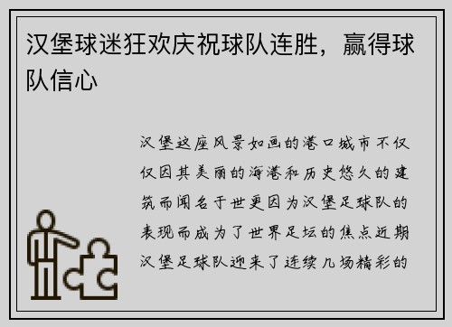 汉堡球迷狂欢庆祝球队连胜，赢得球队信心