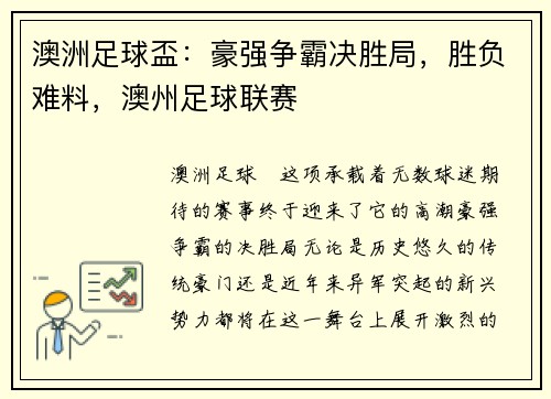 澳洲足球盃：豪强争霸决胜局，胜负难料，澳州足球联赛